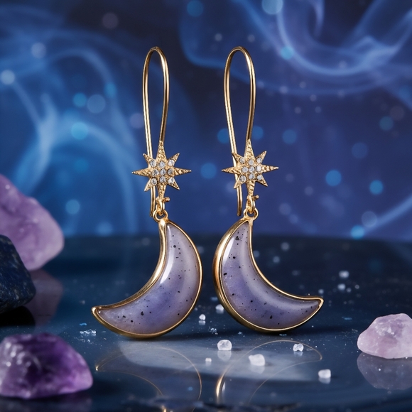 Celestial Dreams: Boho‎ Chic Gold-Tone Star & Moon Trendy Drop Earrings 🌙✨ - Picture 6 of 16